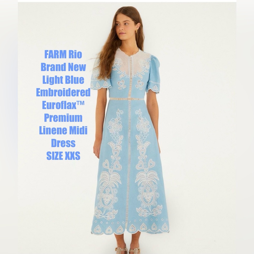FARM Rio Light Blue Embroidered
Euroflax™ Premium Linene Midi
Dress SIZE XXS NWT